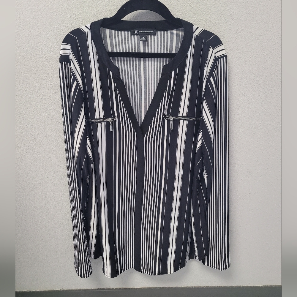 INC International Concepts Black and White Long‎ Sleeve Blouse Size 1x
